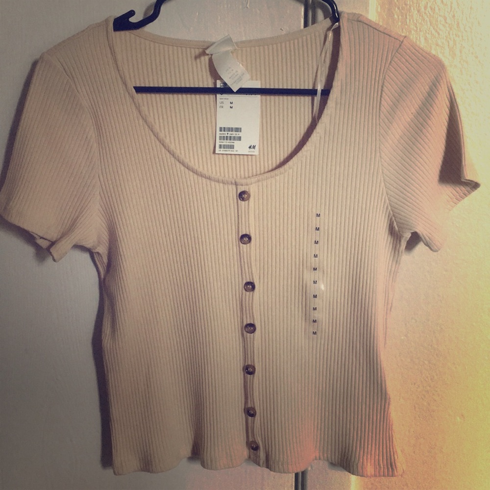 H&M Ribbed-Style Tan Short-Sleeved Shirt